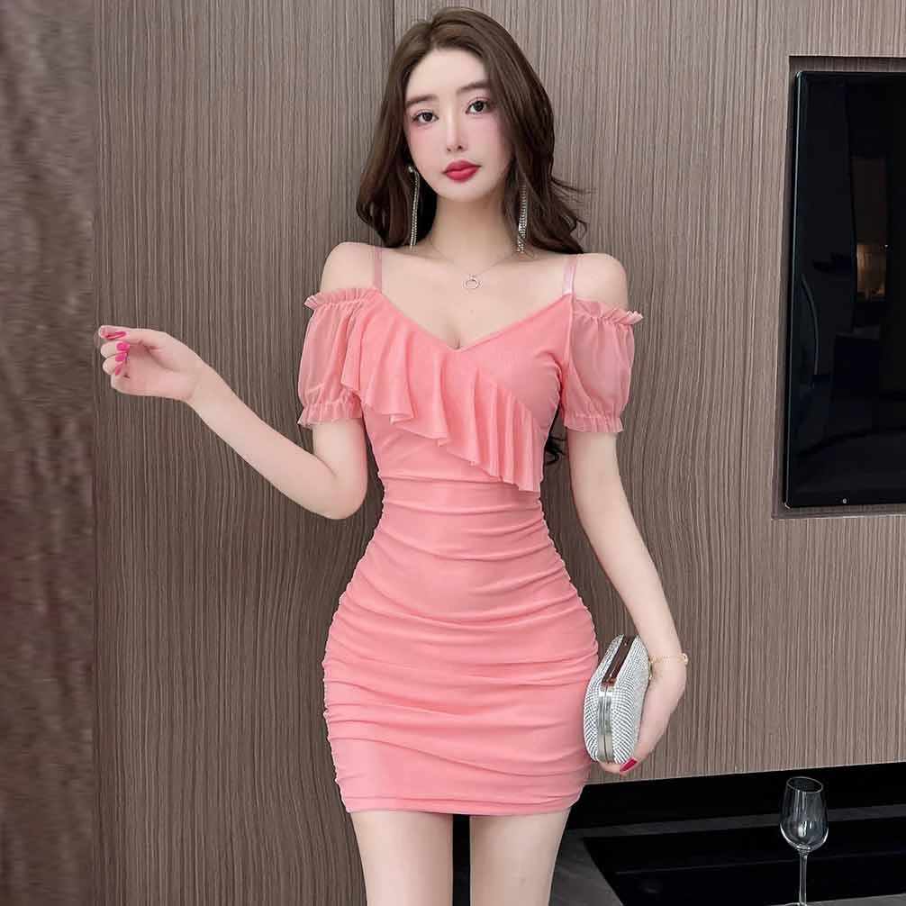 新款性感V领荷叶边网纱吊带裙气质女人味收腰紧身包臀夜店连衣裙