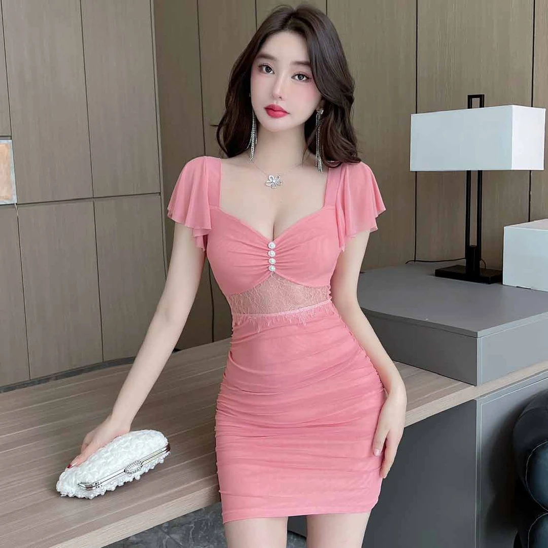 纯欲风性感低胸蕾丝拼接网纱辣妹短裙收腰显瘦夜店紧身包臀连衣裙