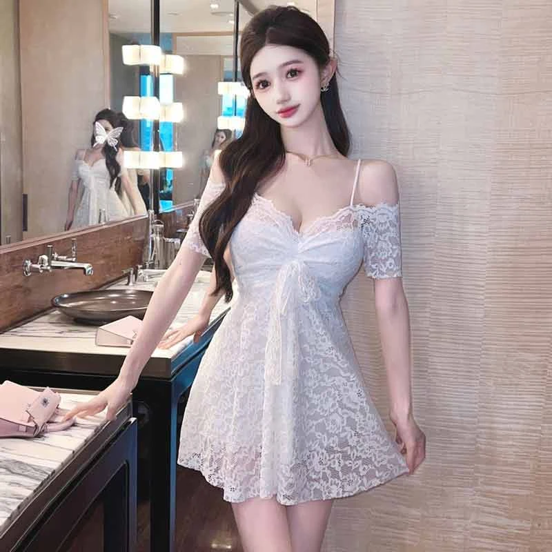 夜总店性感连衣裙低胸蕾丝一字肩遮肚子显瘦a字裙小个子夜店女装