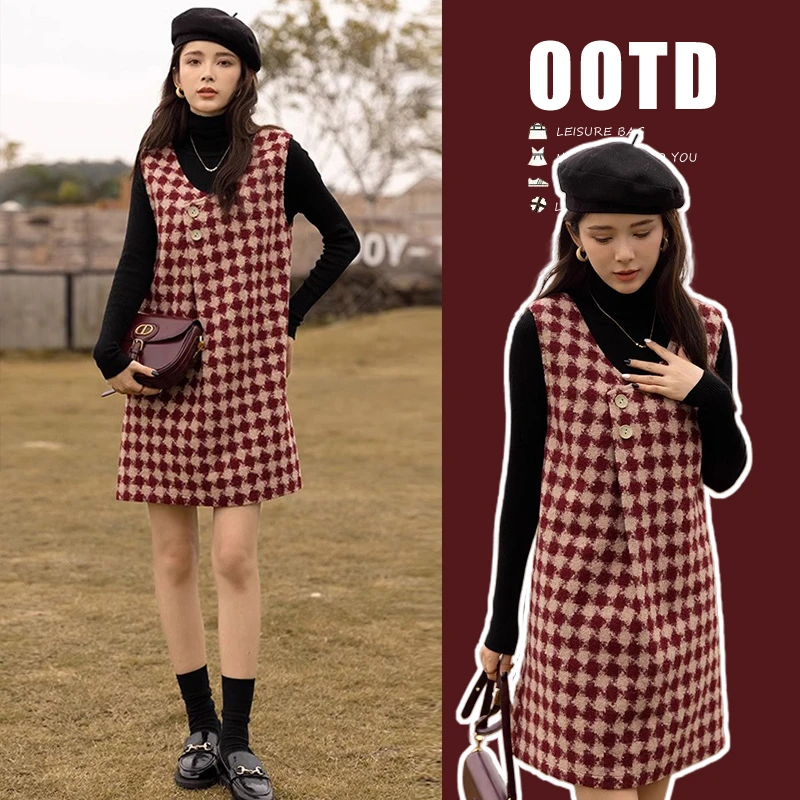 秋冬小香风加厚毛呢背心连衣裙+高领针织衫两件套