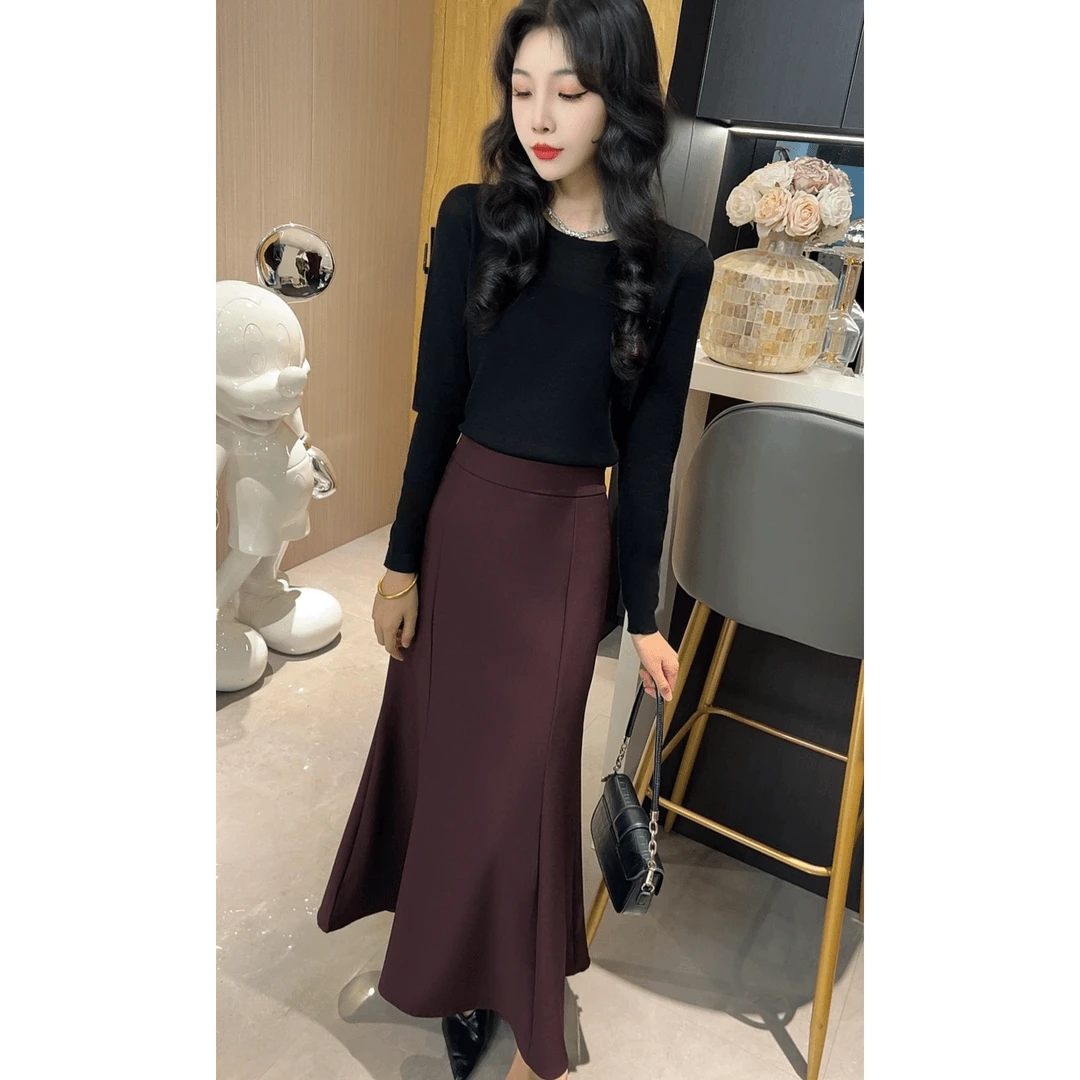 【2个裙长】安哥拉红秋冬半身裙显瘦气质女人高腰鱼尾裙中长款6689