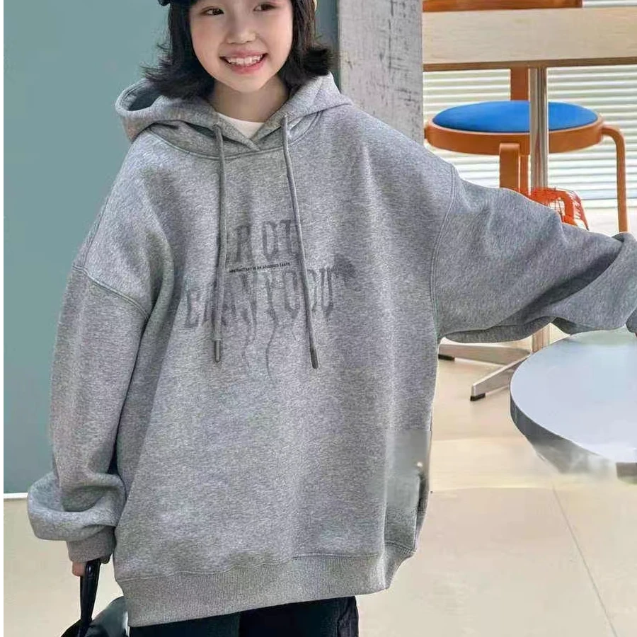 8311韩版2024冬季儿童时尚潮流百搭休闲灰色/黑色一体绒连帽卫衣