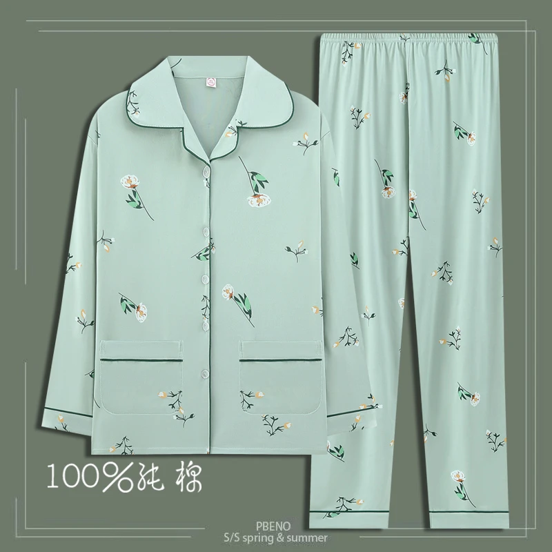 100%纯棉睡衣女长袖中老年套装休闲妈妈款可外穿春秋季大码家居服
