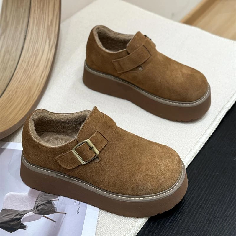 真皮时髦松糕厚底磨砂勃肯鞋女2024新款冬季加绒加厚休闲保暖棉鞋