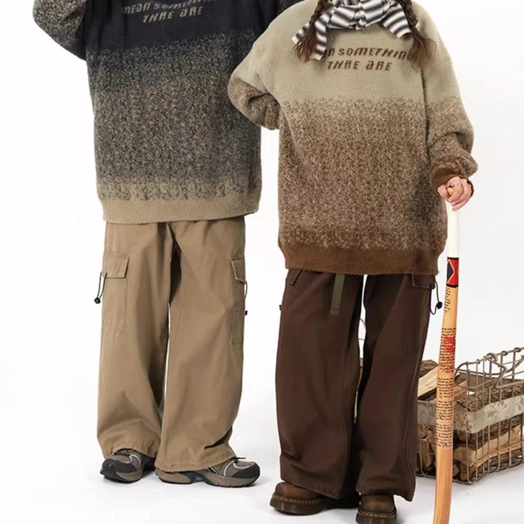 韩版复古多口袋工装裤男女春秋美拉德宽松直筒阔腿裤休闲百搭情侣