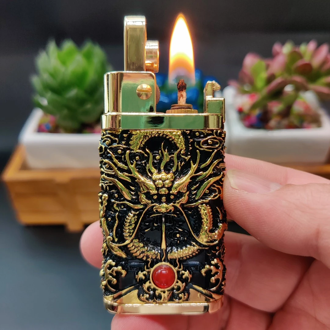 豫邦盔甲龙金色一键按压点火煤油打火机老式个性创意高档时尚龙珠
