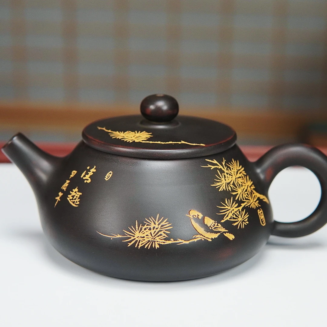 九禾【坭兴陶】清趣壶写意雕刻中式泡茶壶200毫升容量不挑茶茶壶