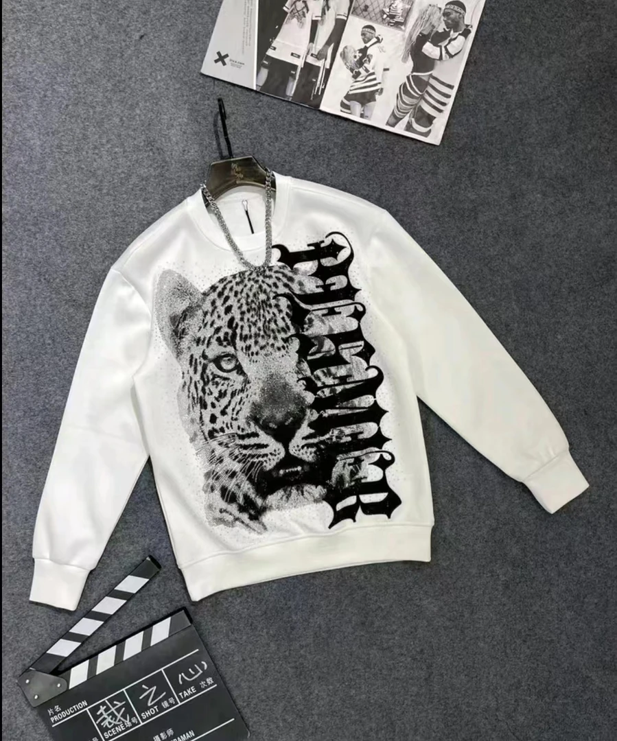 820烫钻字母豹子卫衣秋季时尚潮牌烫钻百搭套头长袖