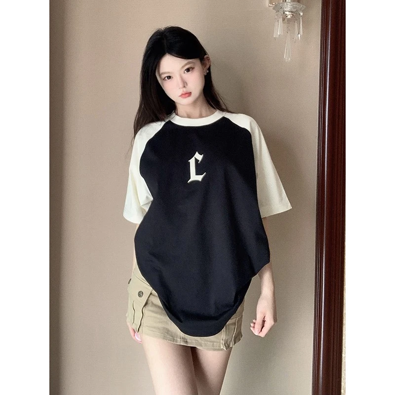 LKOD2023春夏新款L字母印花拼色短袖男女同款圆领打底tee