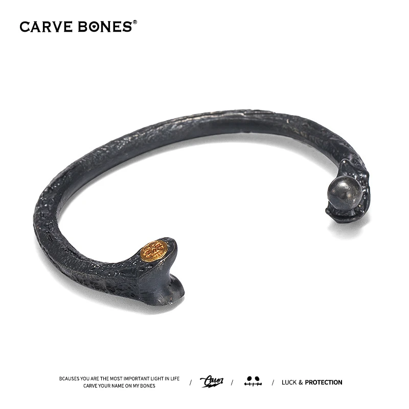CARVE BONES/刻骨 925银手镯 手工原创坚毅力量腿骨手镯黑色个性