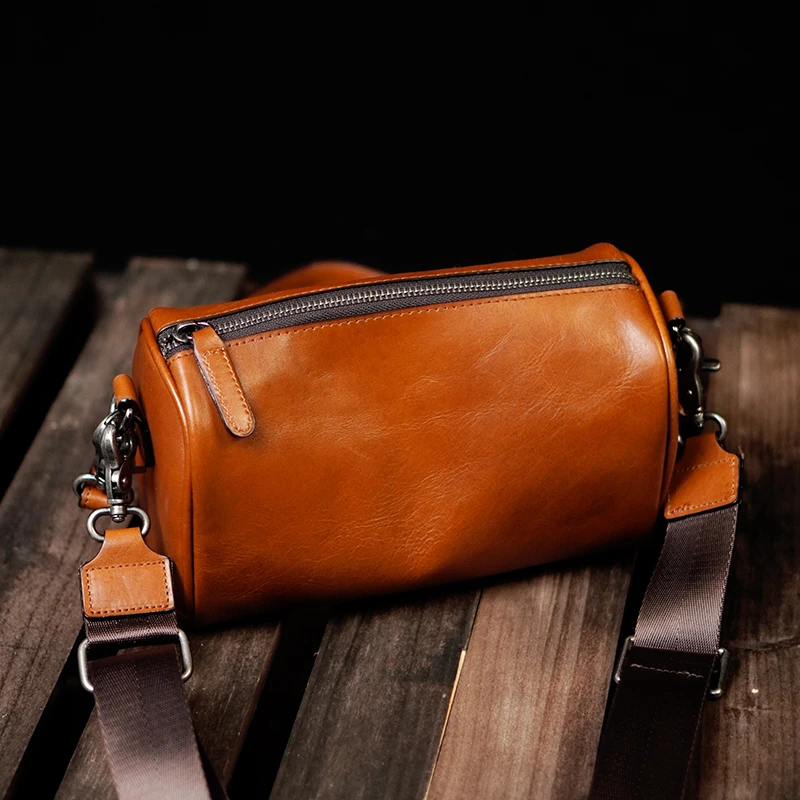 头层牛皮迷你圆筒包大号真皮桶包斜跨便携简约复古小众女士百搭