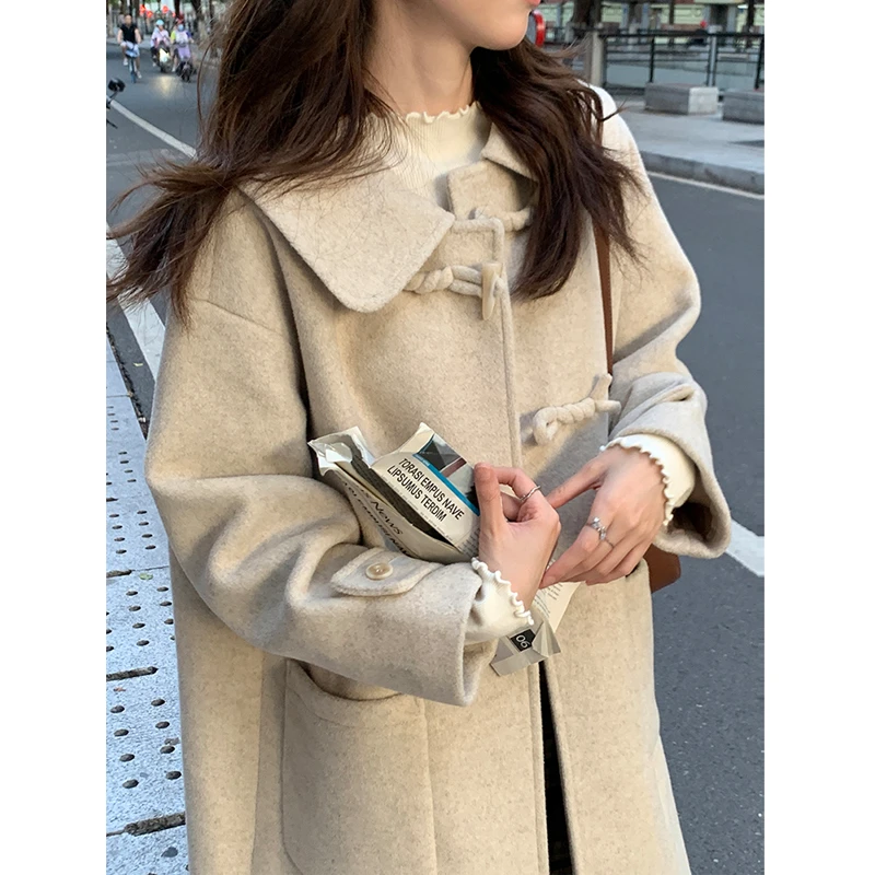 【23120】绳结牛角扣中长款毛呢外套女