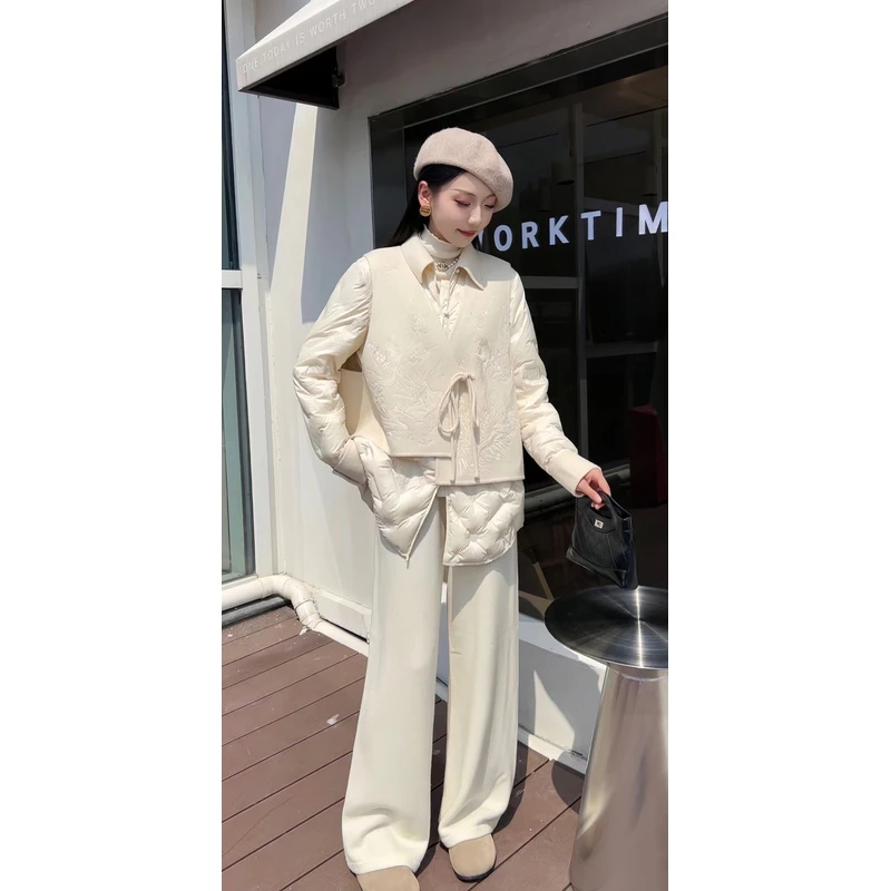 【百鸟朝鸣】2024冬季意式慵懒网红设计师款羽绒服马甲假两件套6007