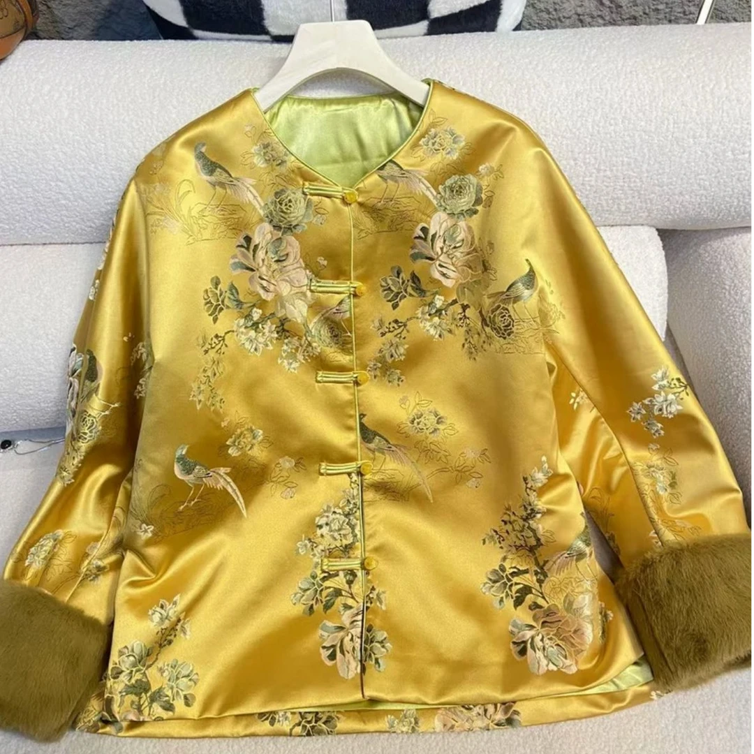 【喜上眉梢】国风盘扣印花圆领网红复古单面毛袖口宋锦棉服外套8913