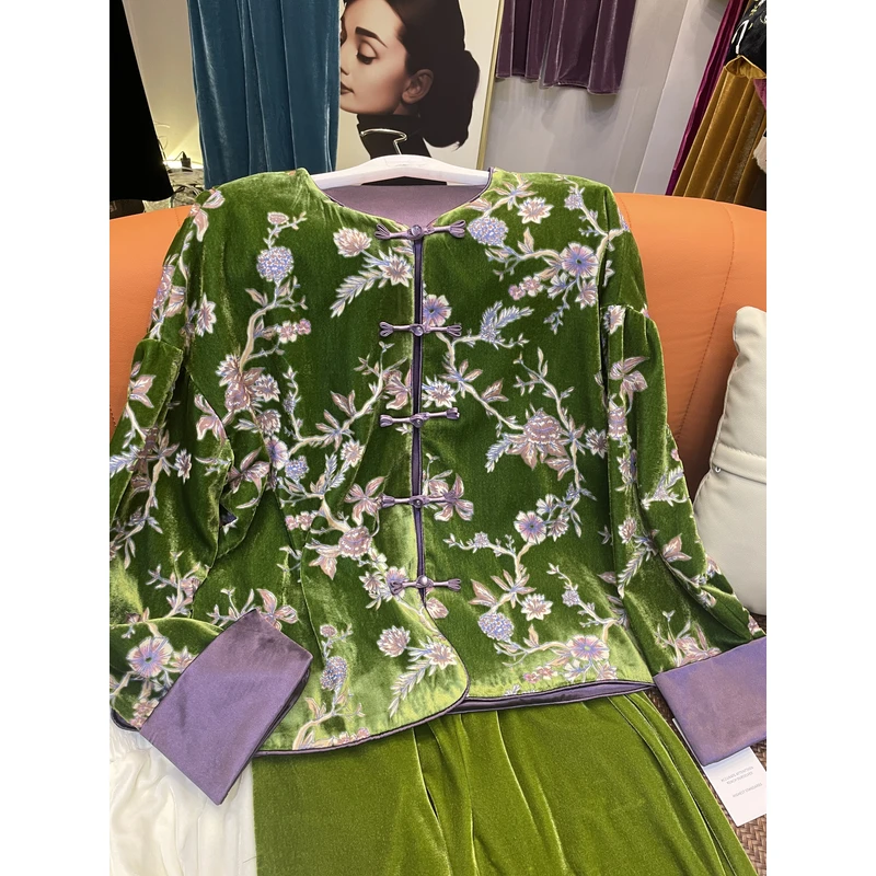 新中式国风复古提花印花网红时尚气质花色长袖黑色丝绒衫826