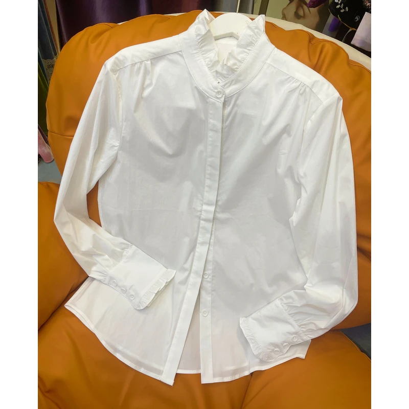 气质网红花瓣领休闲宽松显瘦百搭秋季纯白长袖上衣女单件衬衫7076