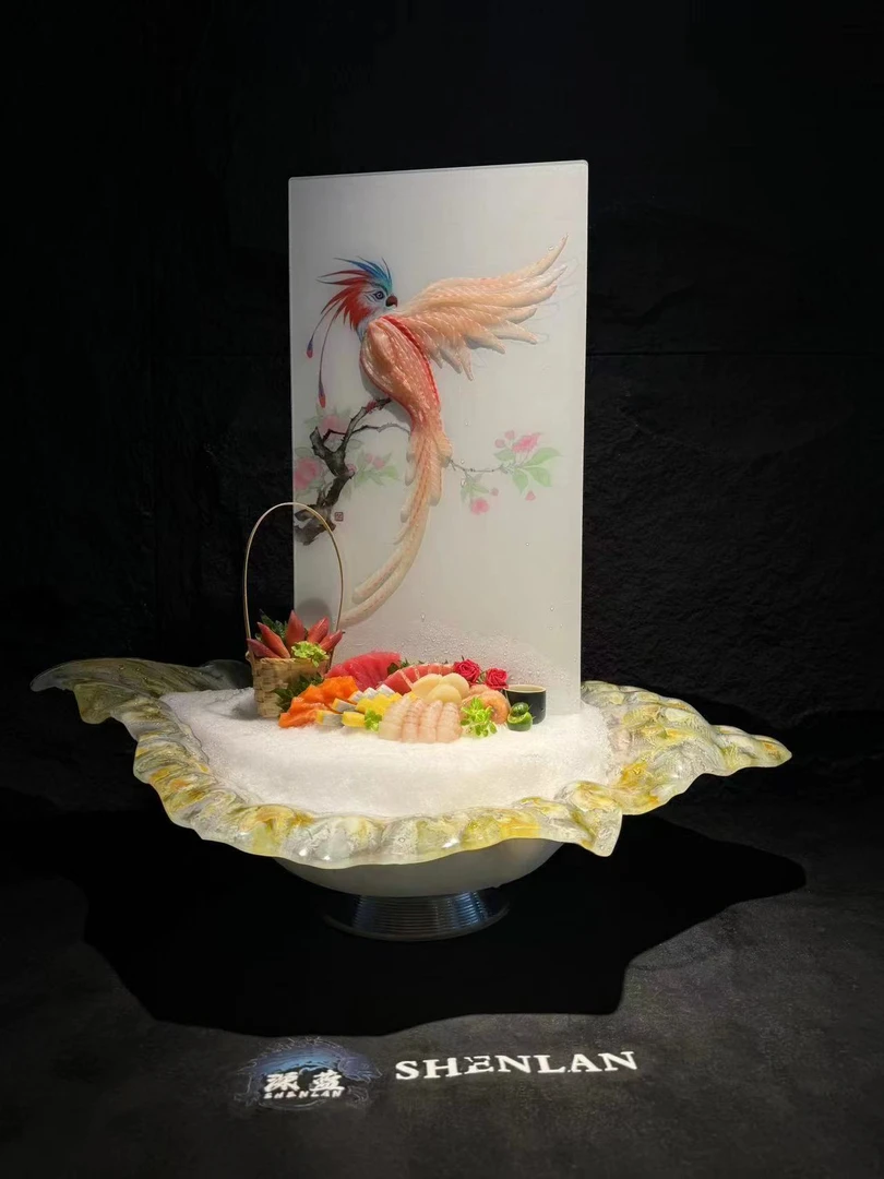 刺身鱼雕板深蓝摆盘装饰三文鱼摆盘刺身海鲜姿造创意点缀鱼雕板