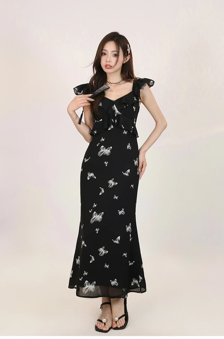 飞飞袖蝴蝶印花黑色鱼尾裙小个子气质收腰显瘦中长款无袖a字长裙