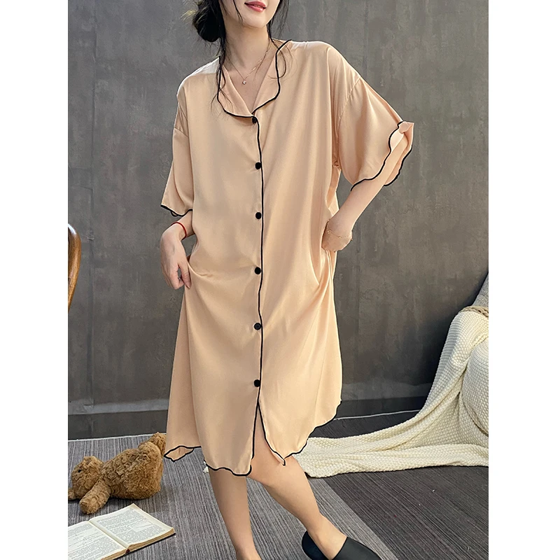 睡裙女夏季凉感冰丝绸短袖薄款休闲宽松可外穿纯色连体睡衣家居服