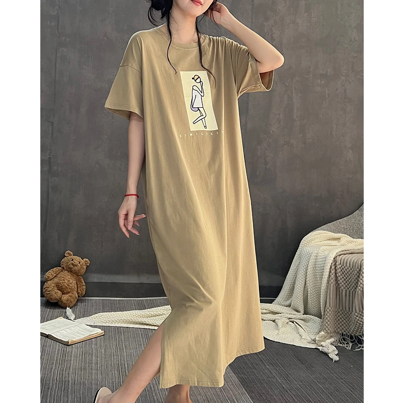 夏季短袖睡裙女款纯棉宽松圆领家居服薄款可外穿休闲连衣裙子睡衣