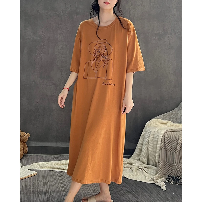 夏天睡裙女纯棉可外穿圆领短袖家居服薄款孕妇长款连身裙子睡衣