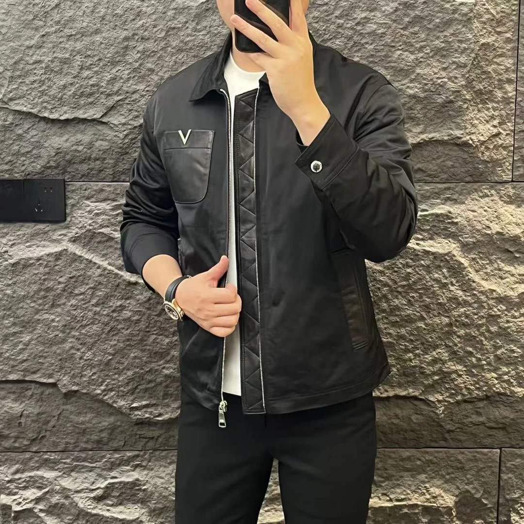 新款高端男士潮流百搭时尚个性拼皮翻领休闲夹克外套24B0172