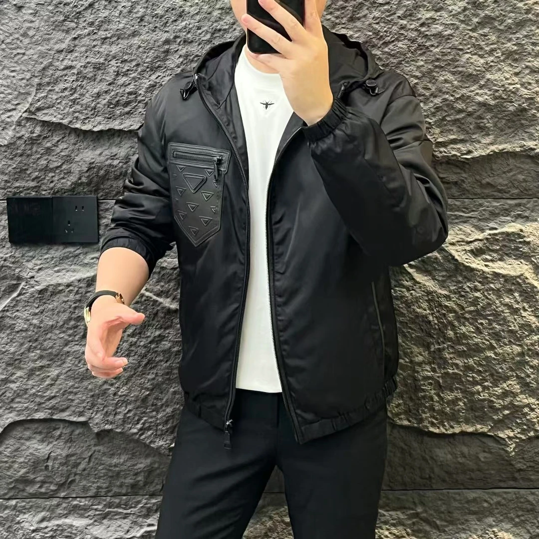 新款高端男士潮流百搭个性倒三角拼皮休闲连帽夹克24B0089