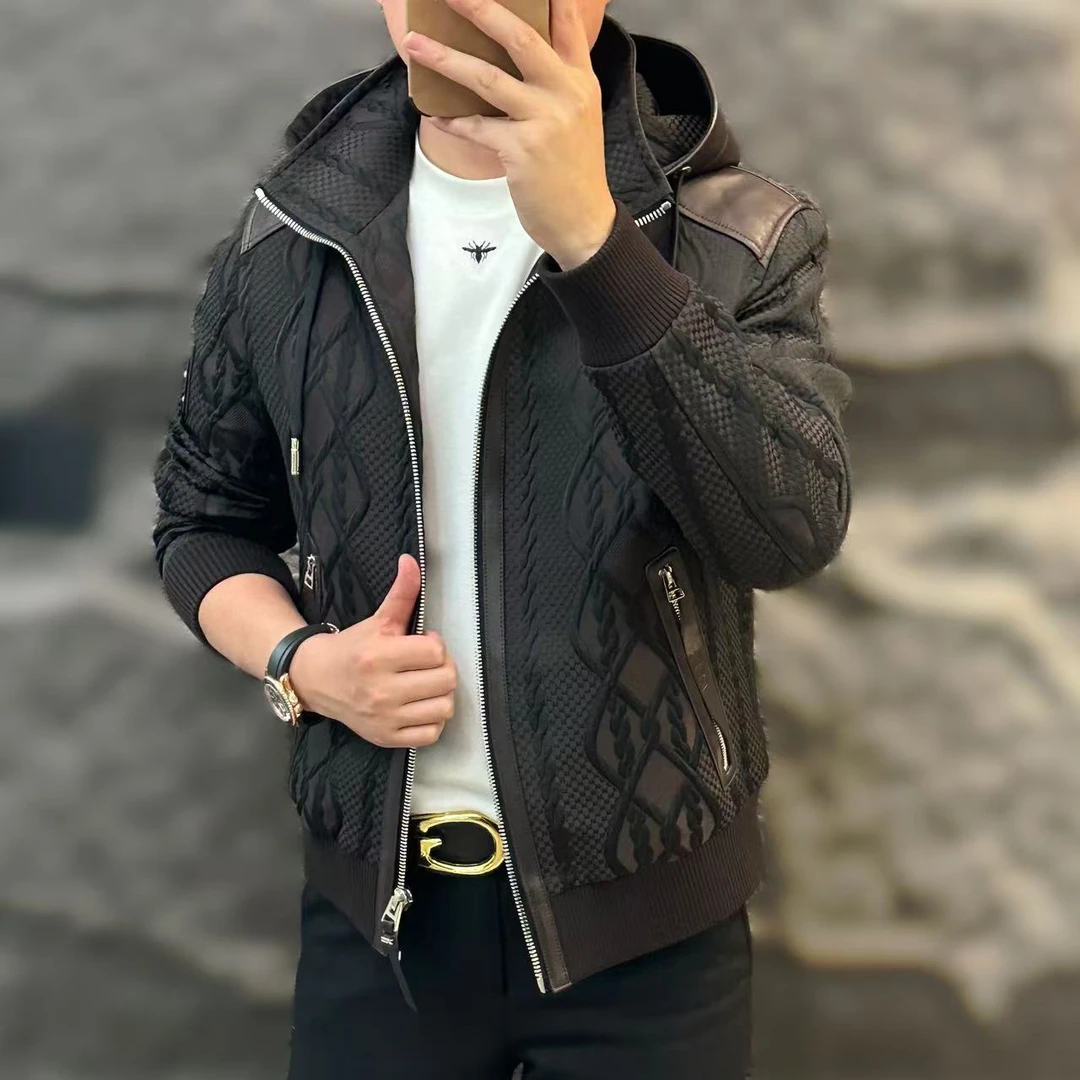新款高端男士潮流百搭个性拼皮连帽鹅绒外套