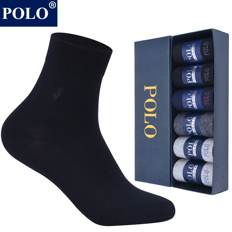 POLO袜子男纯色商务中筒袜秋冬保暖吸湿排汗无骨休闲黑色上班棉袜