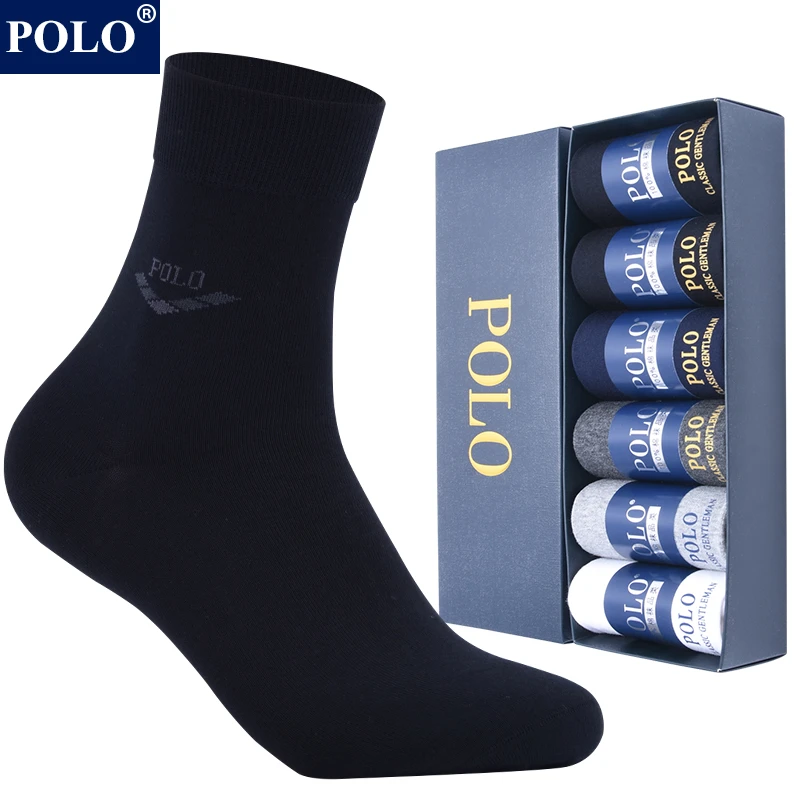 POLO袜子男纯色商务中筒袜秋冬中厚吸湿排汗保暖棉袜黑色上班百搭