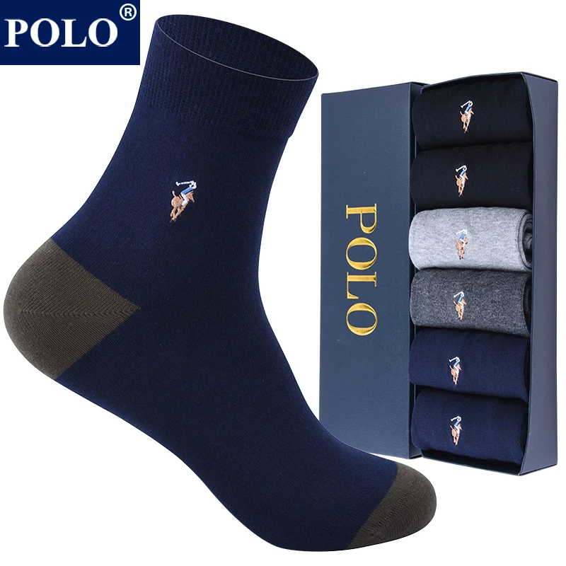 POLO男士纯色商务袜四季吸湿排汗运动休闲无骨柔软舒适中筒棉袜子