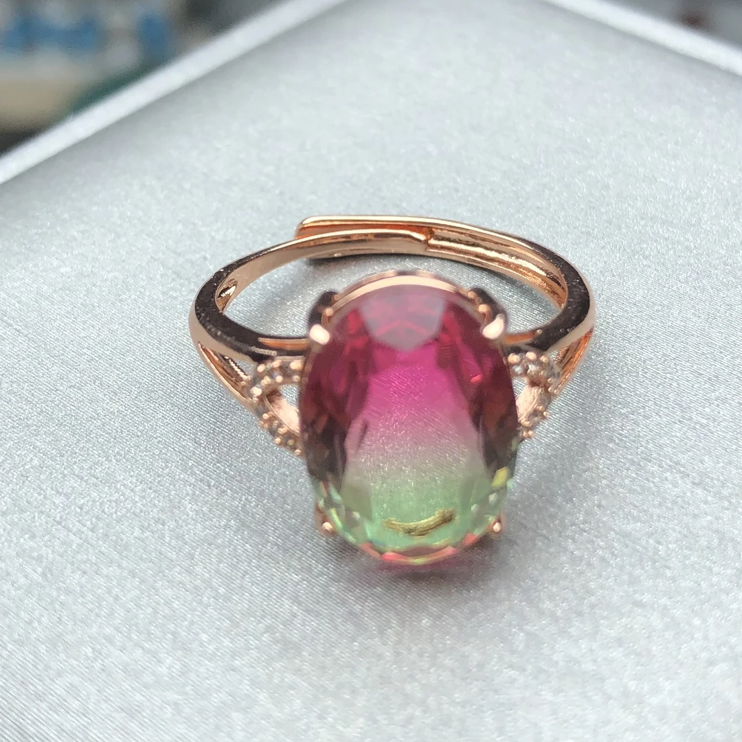 12164红绿西瓜碧戒指银色托6克拉4爪开口可调节精选