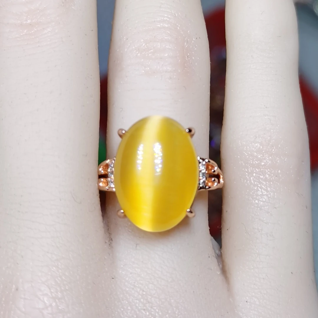 12354黄色猫眼戒指魅力时尚镶嵌简约培育动人大方开口可调节精选