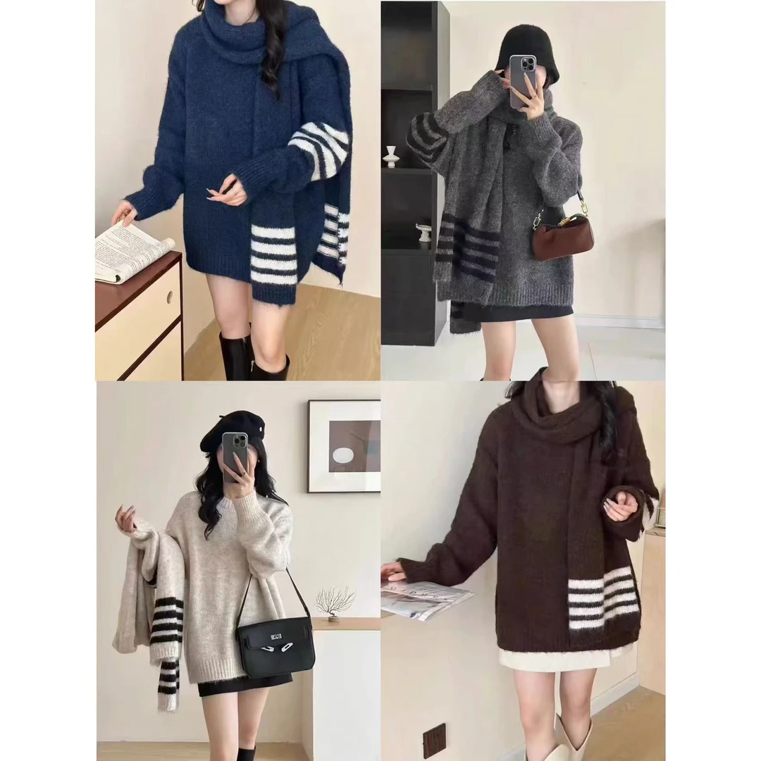 软糯2024秋冬百搭宽松慵懒风圆领气质女高级感设计小众围脖上衣