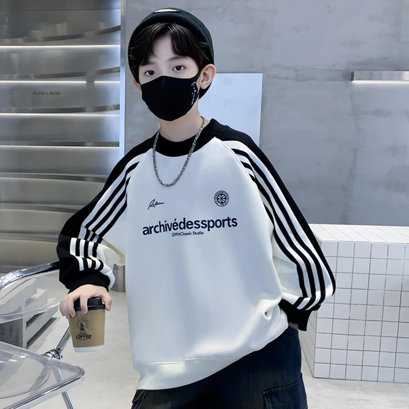 男童秋冬款2024新款卫衣儿童字母宽松休闲中大童帅气圆领加绒加厚