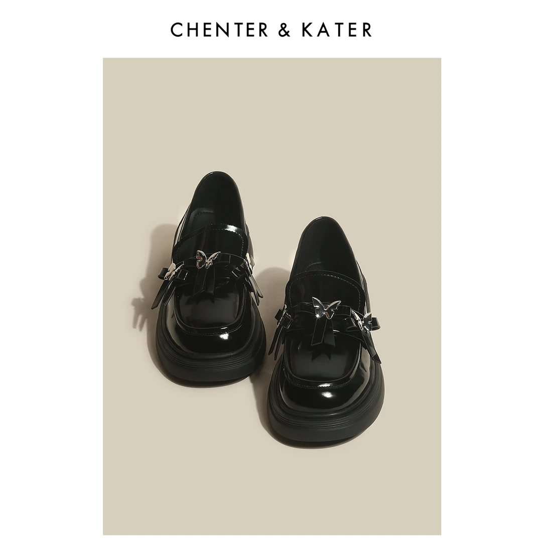 ChENTER&KATER小皮鞋 2024新款百搭圆头厚底蝴蝶饰品乐福鞋女