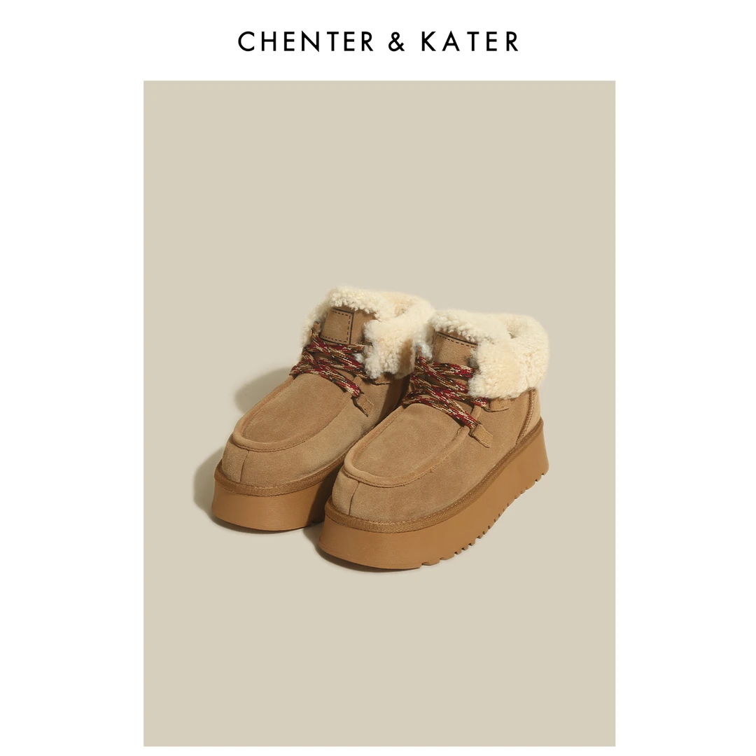 CHENTER&KATER乐福鞋雪地靴女羊羔毛毛鞋系带百搭拼接加绒豆豆鞋