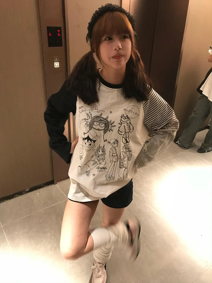 卡通设计感插肩长袖t恤女秋冬纯棉新款宽松条纹高街小个子上衣潮