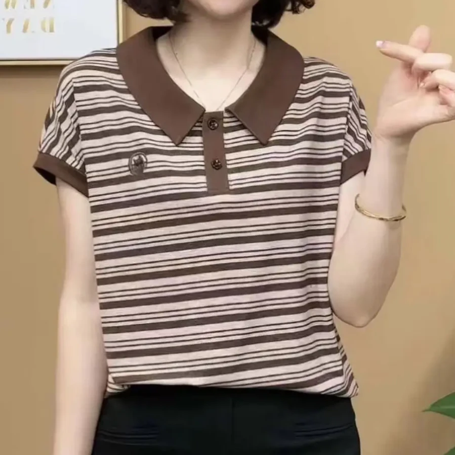 夏季新款娃娃领条纹T恤衫时尚气质妈妈装上衣休闲显瘦女士小衫潮