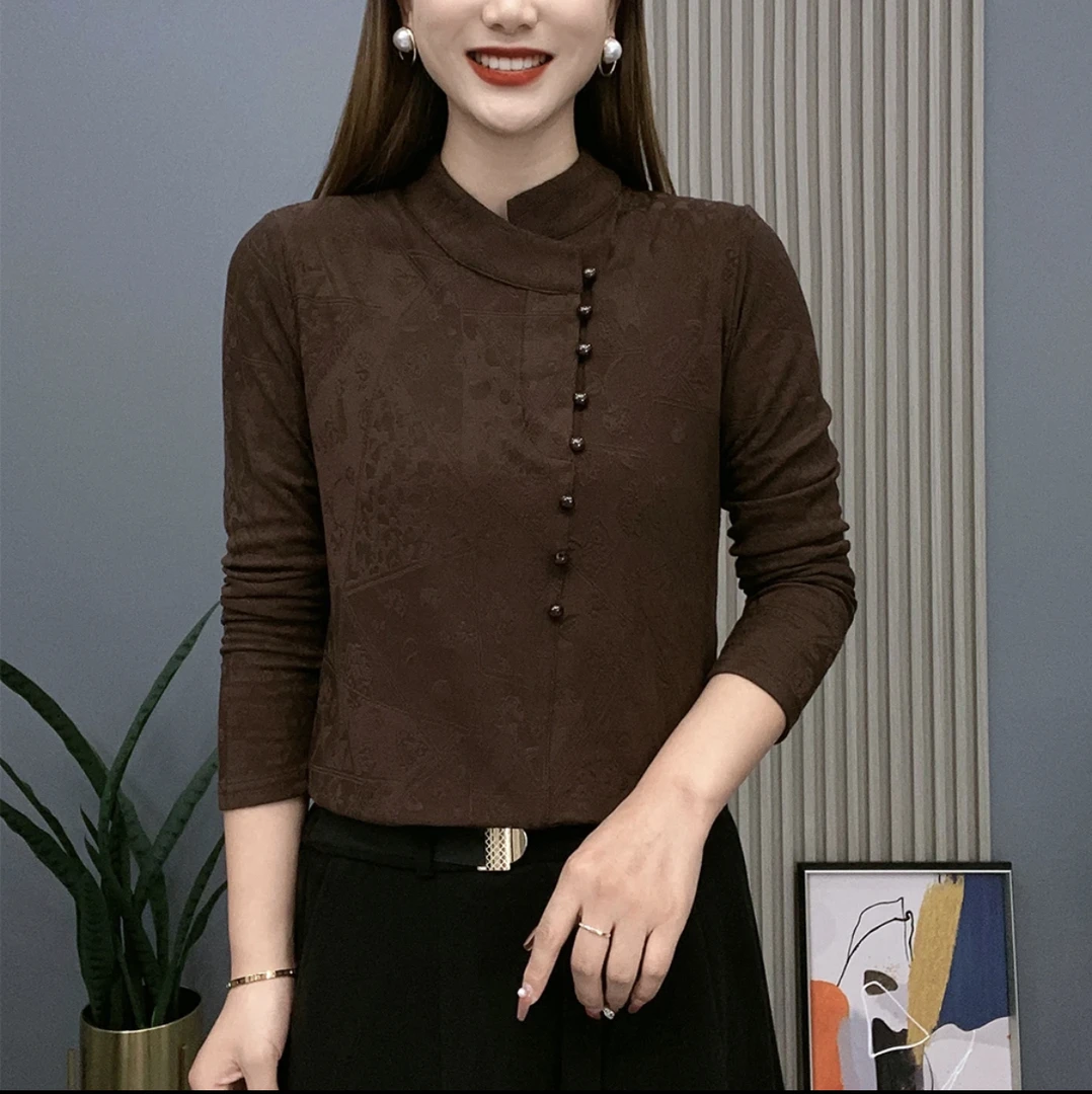 秋冬新款加绒交叉立领长袖提花打底衫复古气质百搭长袖女装上衣