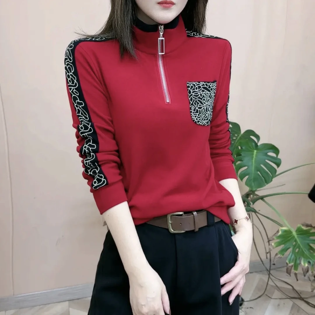 冬季新品时尚加绒加厚打底衫长袖保暖T恤半拉链卫衣女士百搭上衣
