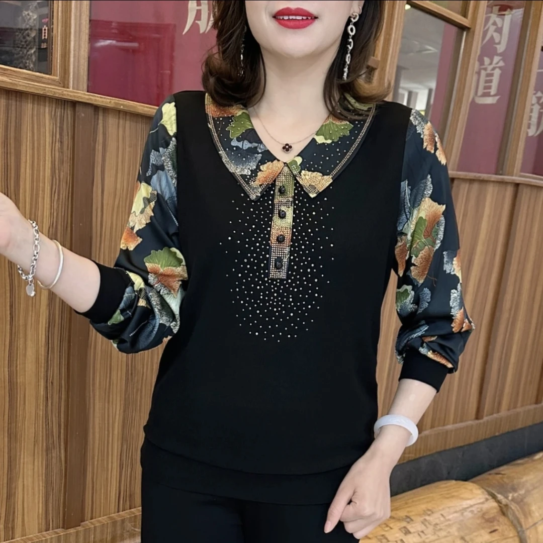 早春新款中年妈妈装复古烫钻拼接娃娃领宽松长袖显瘦洋气百搭上衣