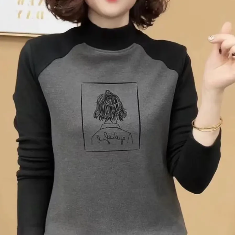 秋冬新款半高领长袖拼色打底衫修身显瘦时尚百搭女士上衣休闲减龄