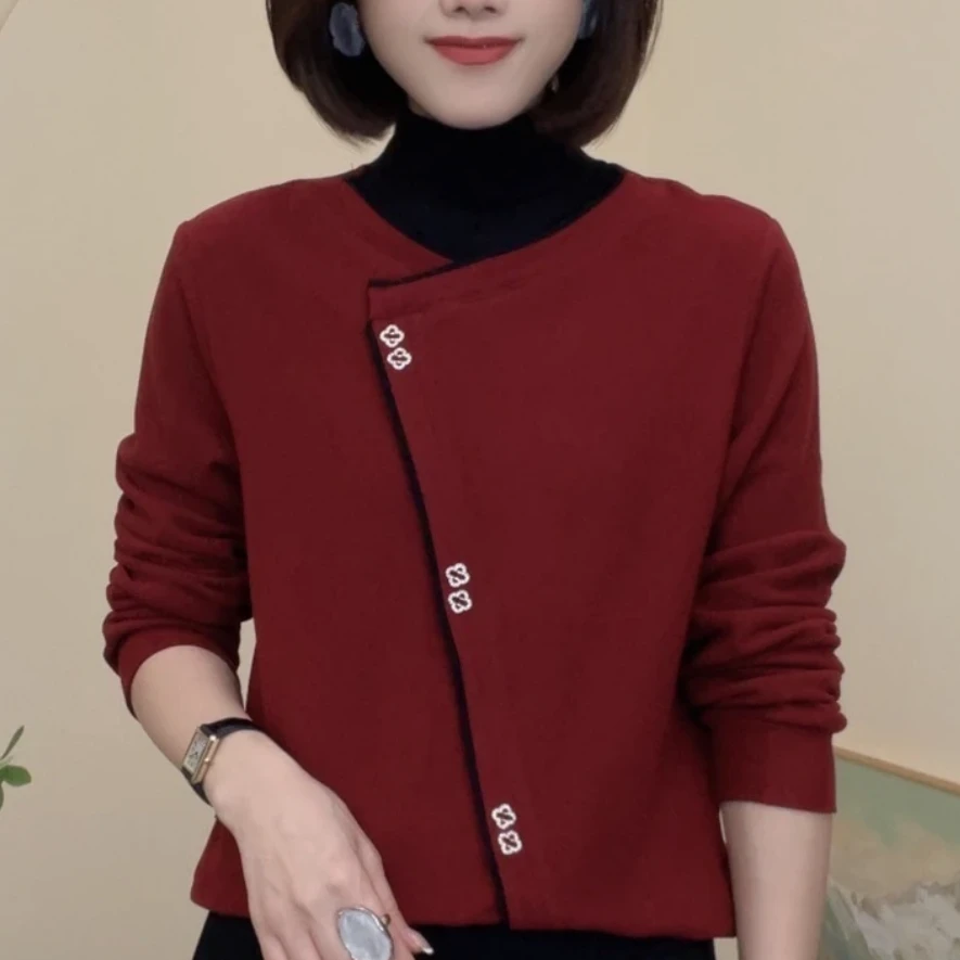 秋冬新款半高领拼接假两件加绒加厚打底衫显瘦百搭女士长袖上衣T