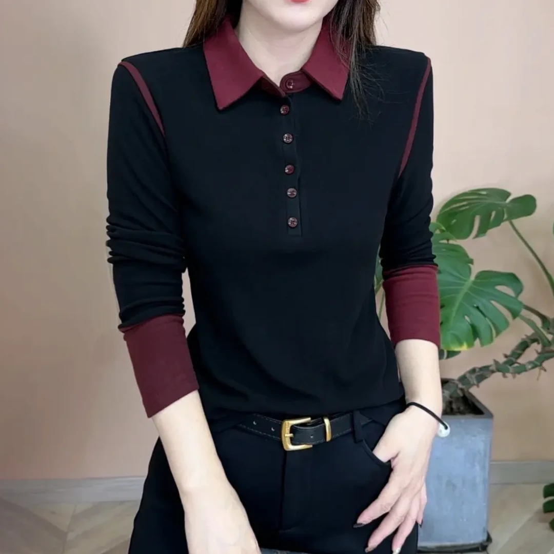 秋冬新款翻领长袖拼色打底衫百搭修身显瘦POLO领女士洋气减龄上衣