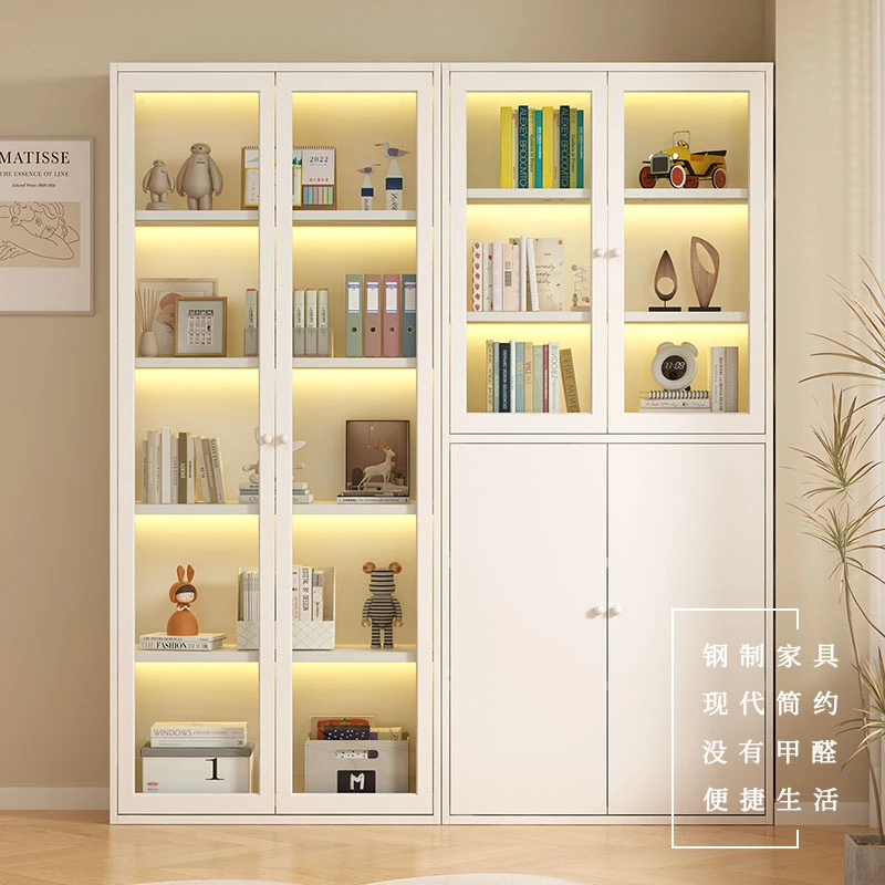 家用中式书柜子带玻璃门客厅储物柜一体式书房钢制收纳柜组合防尘
