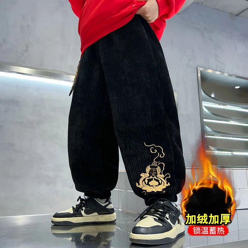 男童冬季加绒加厚裤子2025新款中大童帅气喜庆国潮年裤儿童潮流款