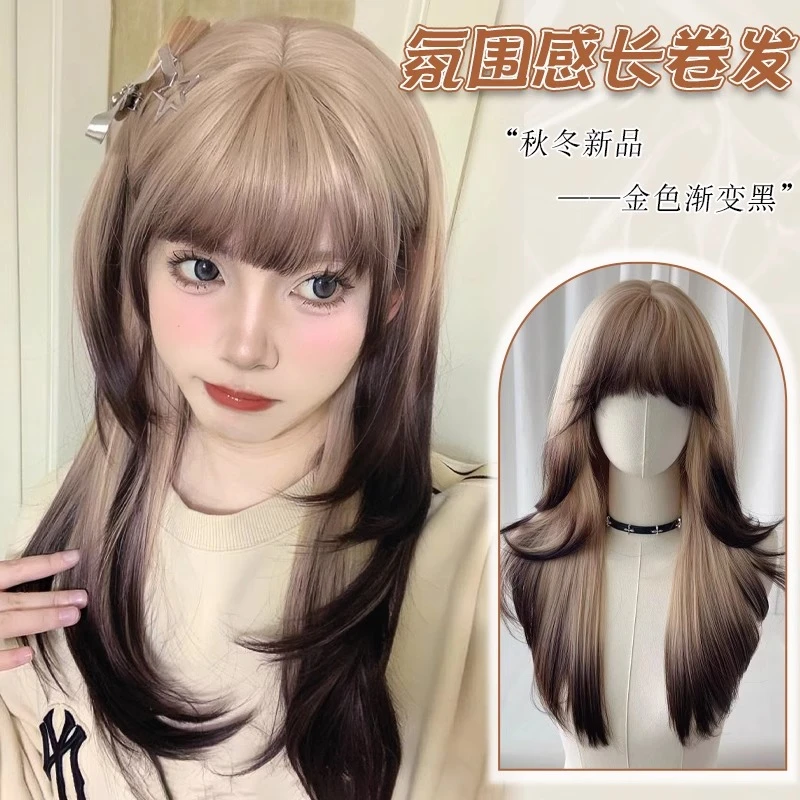 暹罗猫假发女长发全头套式渐变大波浪长卷发自然假发女款全头套式