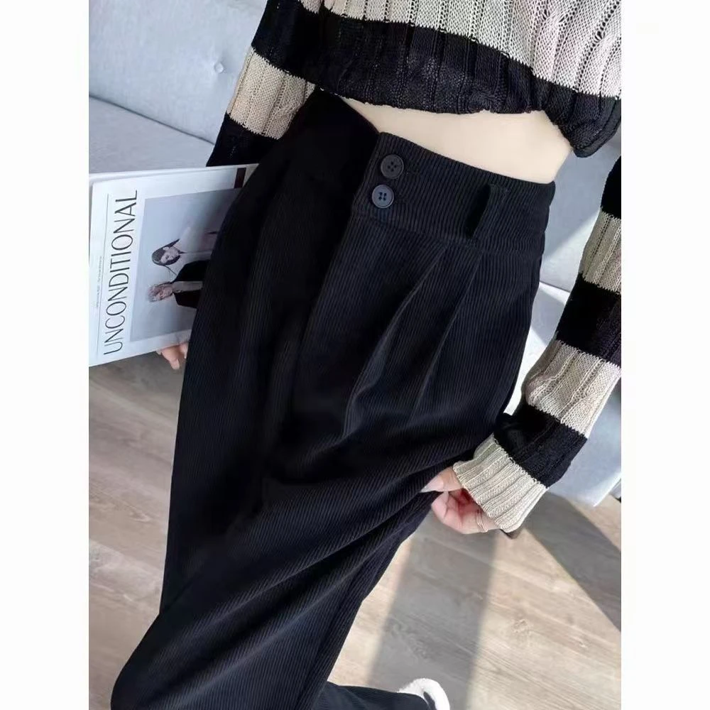 黑色窄版阔腿裤女春秋2025新款休闲百搭高腰双扣垂感直筒裤子
