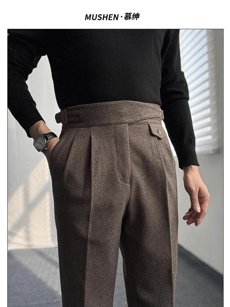 慕绅秋冬意式廓尔格毛呢高腰西裤那不勒斯复古时髦保暖直筒长裤男